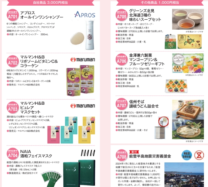 アステナ優待カタログ（アステナ商品orその他製品）内容