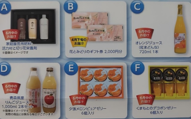 ＯＡＴアグリオ優待内容（肥料・花とみどりのギフト券・ジュース・ゼリー）