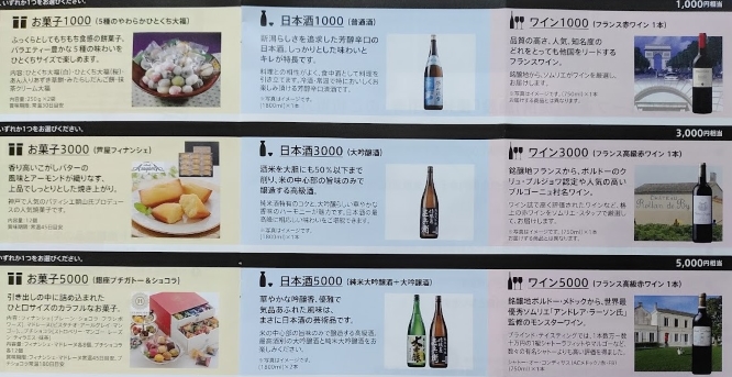 ベルーナ優待品（食品・菓子・日本酒・ワイン）内容