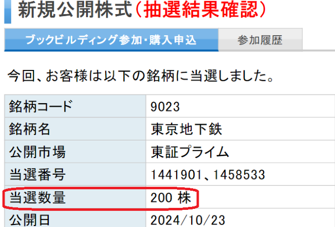 東京地下鉄IPO　楽天証券抽選結果（当選）