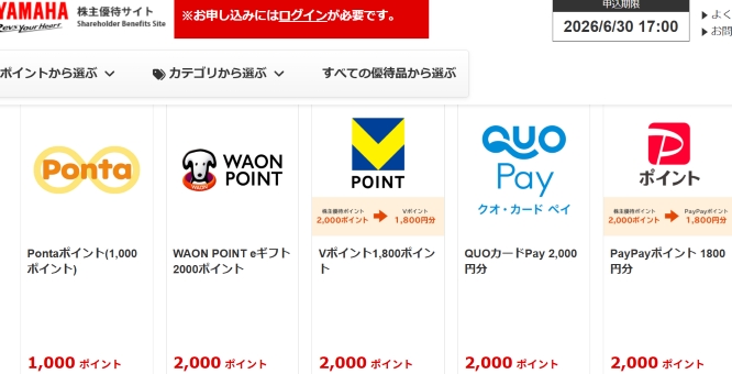 ヤマハ発動機優待カタログ内容